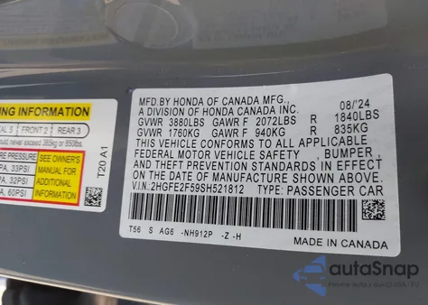 2025 Honda Civic Sport z USA, uszkodzony, nr VIN 2HGFE2F59SH521812